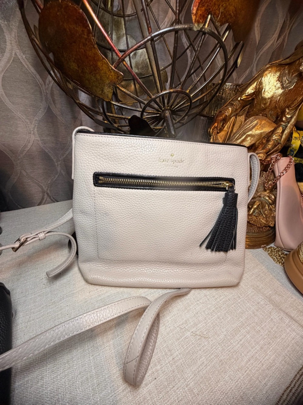 kate spade Cream Leather Crossbody with Black Tassel Zip
